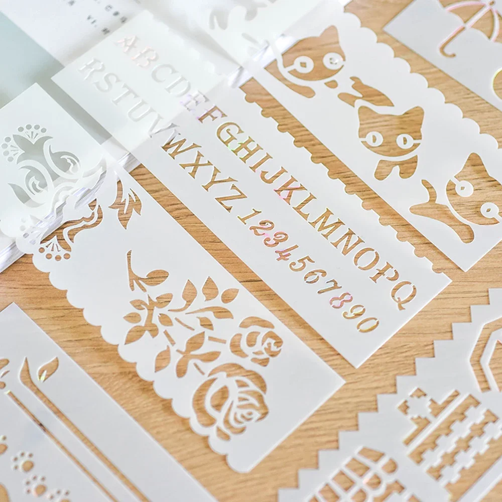 8Sheets DIY Drawing Tool Hollow Lace Ruler Weather Animal Flower Boat Leaf Scrapbook Lace Template Ruler School Stationery