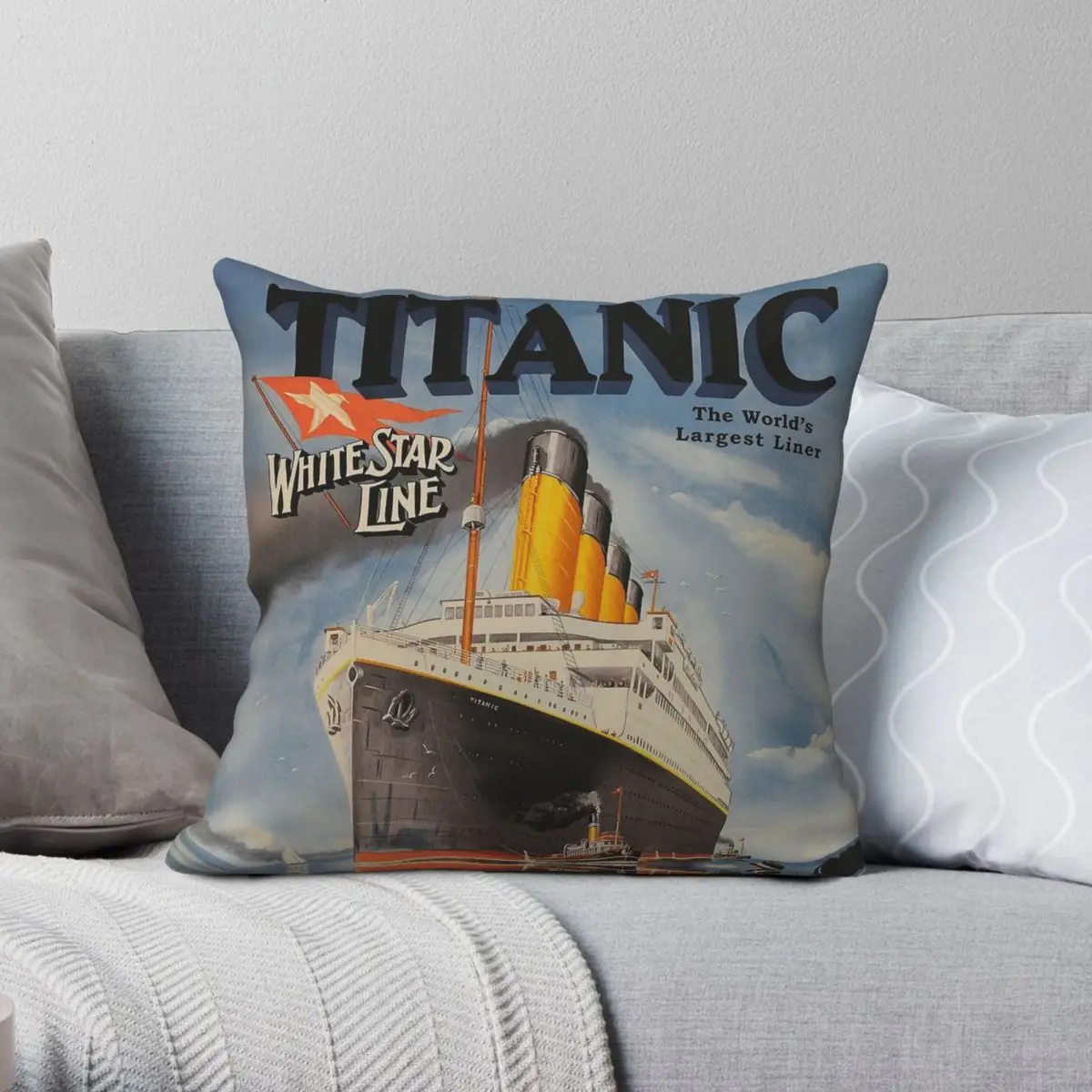 Titanic White Star Line Square Pillowcase Polyester Linen Velvet Creative Zip Decorative Bed Cushion Cover