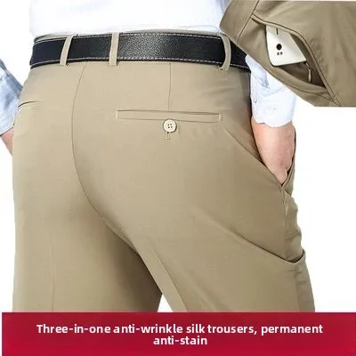 

Busin Casual Straight Leg Men's Pants Anti-crease Silk Drapery Ultra-thin Sle Mid-aged Men's Western Pants
