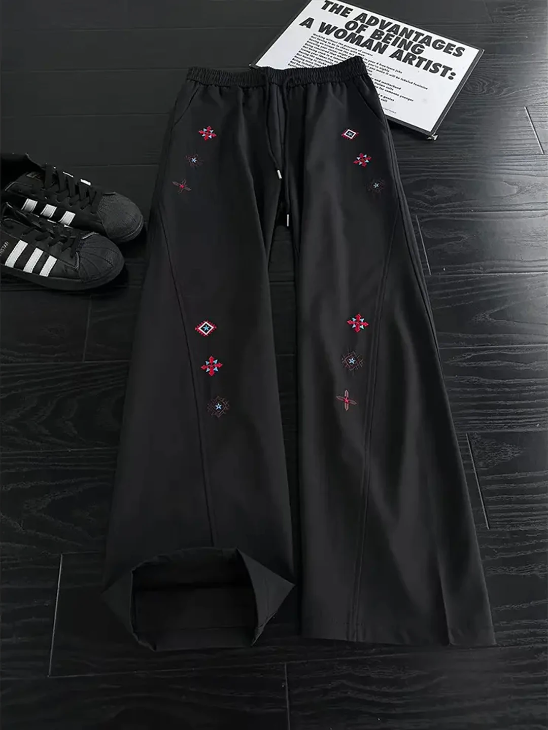 American Style Ice Silk Casual Pants Men's Black Loose Wide Leg Pants Quick Dry Slash Stitching Summer Thin Blade Pants