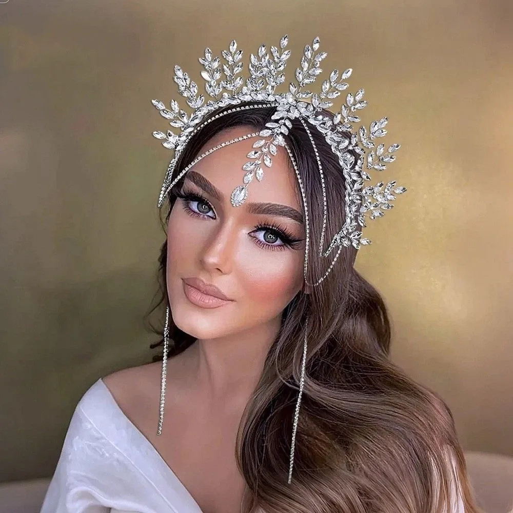 Fashionable Red Bride Crown Rhinestone Tassel Wedding Headwear Headpieces Accessories Wedding Ceremony