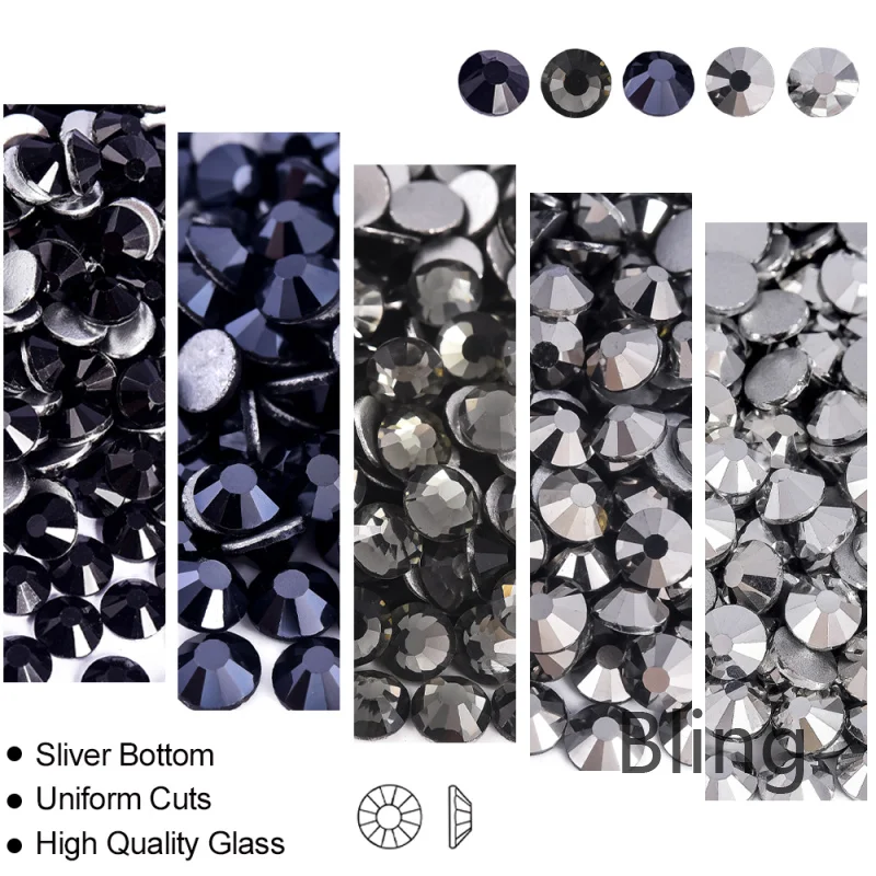 SS6-SS30 Black Series Non Hot Fix Rhinestones Glitter Glass Flatback Nail Art Crystals For Nail Charm Decorations B0960 Gemstone