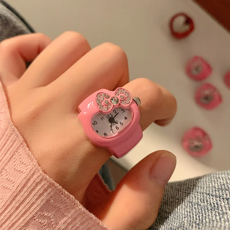 Kawaii Sanrio Hello Kitty Watch Ring Cute Kt Cat Bow Rhinestone Clock Ring Watches Girls jewelry Kids Toys Gifts