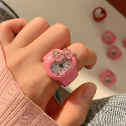 Kawaii Sanrio zegarek Hello Kitty pierścionek ładny kot kokardka z kryształami górskimi zegarki biżuteria dziewczęca zabawki dla dzieci prezenty