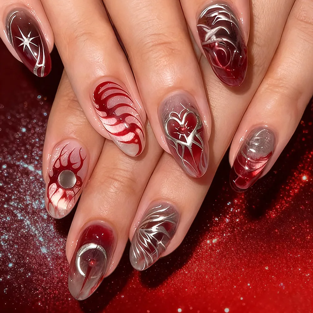 

24Pcs Red Gradient Press on False Nails Silver Heart Irregular Design Full Cover Nails Tips Mid-length Almond Reusable Fake Nail