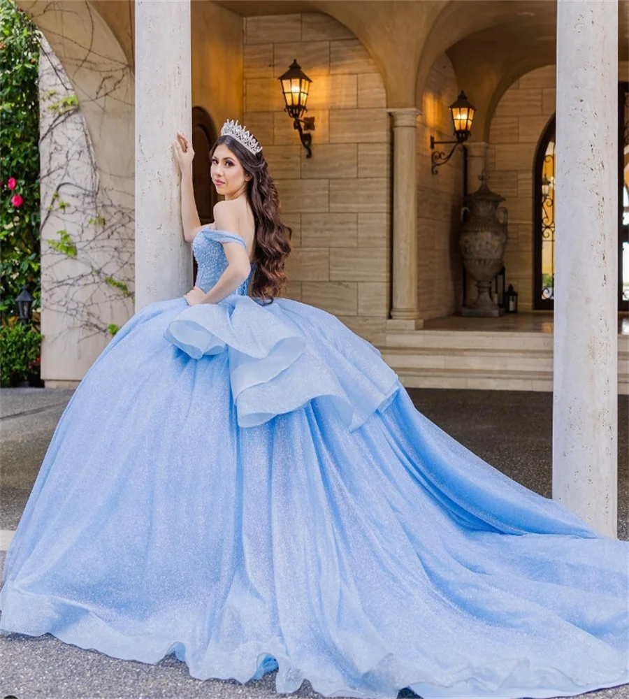 Amazing Blue Quinceanera Dresses Plus Size Off Shoulders Beaded Vestidos 15 Años Quinceañera Shine Pageant Birthday Customized