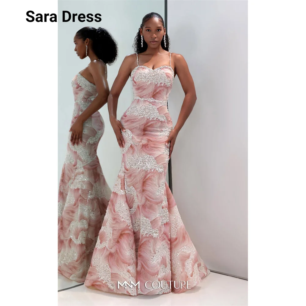 

Sara Custom Shiny Spaghetti Straps Fishtail Floor Length Women's Evening Dress 2026 Woman Dresses for Wedding Party Elegant Gown