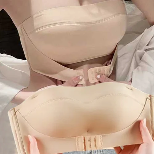 Lencería sin tirantes de piel negra para mujer, antideslizante, fruncida, pecho pequeño, sujetador grande antiflacidez, sin tirantes y envuelto