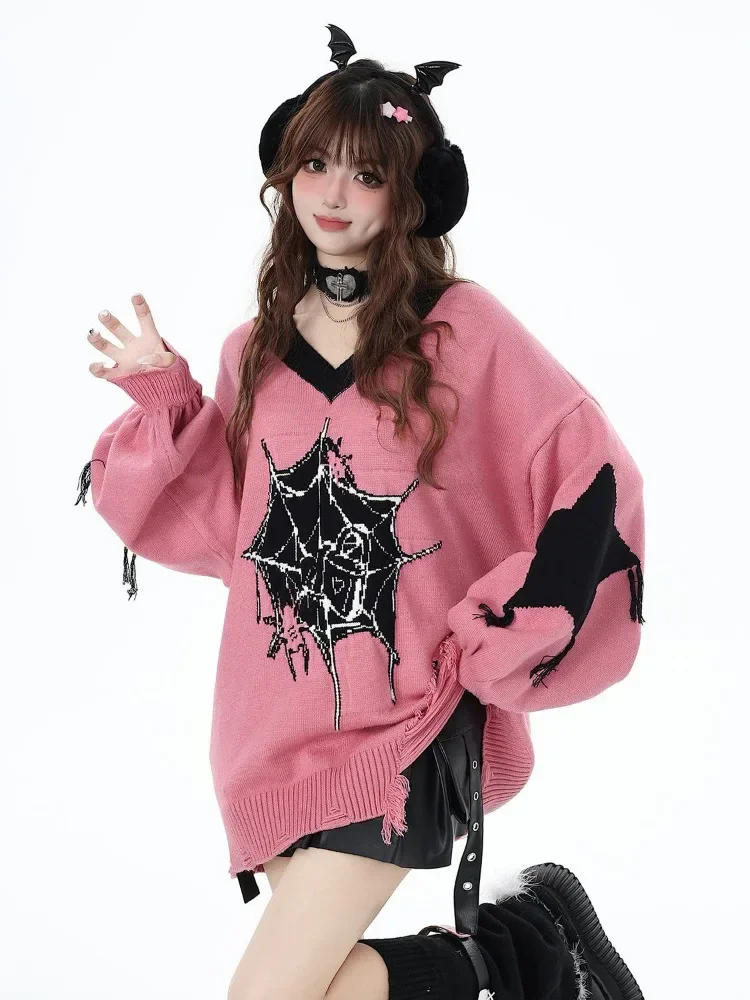 Japanese Loose Casual Women Sweater Y2k Vintage Print Star Tassel Knitted Jumper Contrast Color Grunge V Neck Pullovers Gothic