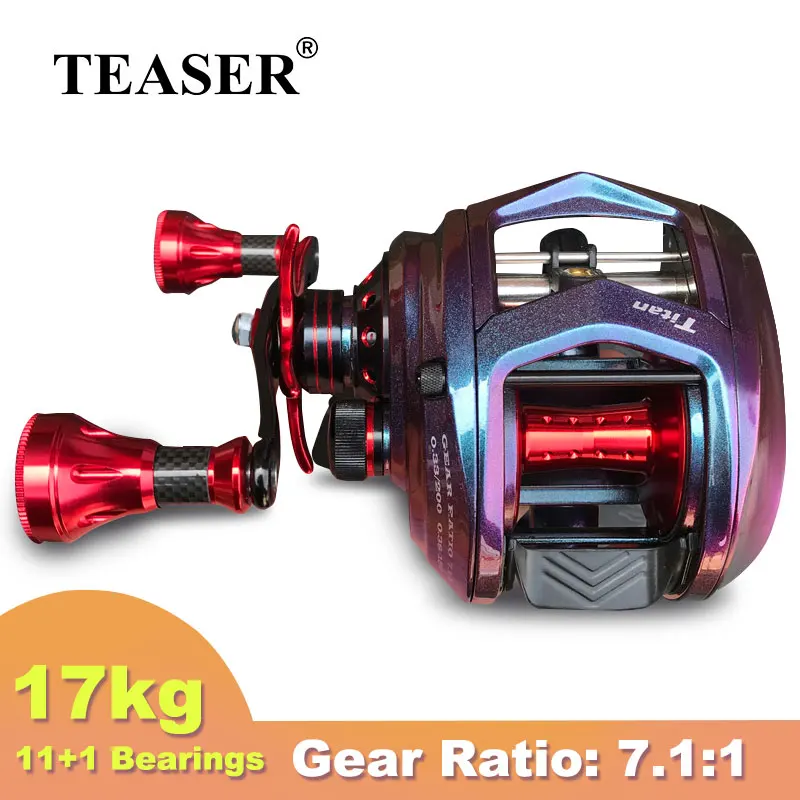 TEASER 17kg Drag Power Gear Ratio 7.1:1 Aluminum Metal 11+1BB Metal Spool Trolling Drum Trolling Jigging Sea Boat Fishing Reels