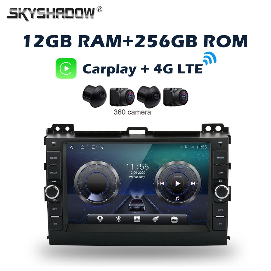 

360 12G+256G Carplay Auto Android 14.0 8" IPS 4G SIM Car DVD Player GPS Map WIFI Bluetooth Radio For Toyota Prado 120 2004-2009