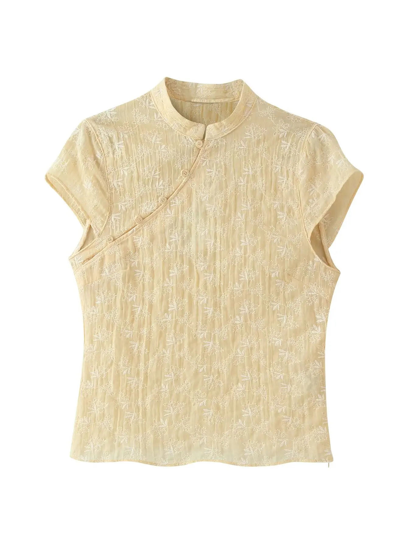 

Женская желтая блузка-ципао с цветочной вышивкой, воротником-стойкой, коротким рукавом, облегающая, в китайском стиле