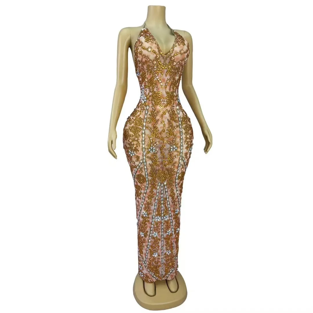 Sparkly Rhinestones Sexy Stage Bandage V-neck Backless Dress Wedding Birthday Cocktail party Evening Gown Photoshoot Costume