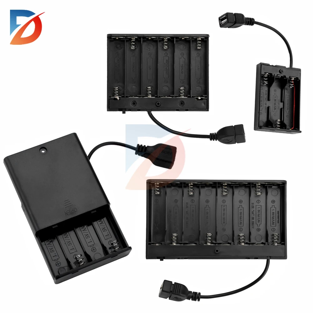 8 AA Battery Holder 12V Cover Switch USB Female Socket Battery Box Suitable for Computer Motherboard Camera Remote Control