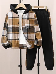 Boys' long sleeved checkered contrasting hooded top with checkered patchwork pants set