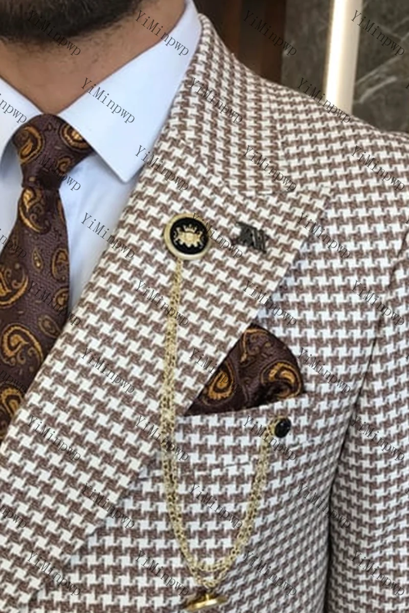 YiMinpwp Abito a righe da uomo marrone 2 pezzi con risvolto con visiera pied de poule Abito da festa doppio petto Abbigliamento formale da uomo per matrimonio