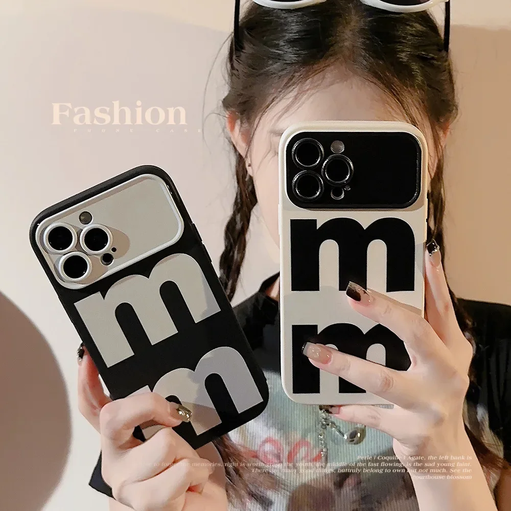 Simple Black White Stitching Letter M Phone Case for IPhone16 15 14 12 13 11 Pro ProMax Plus X XR Shockproof Phone Cover