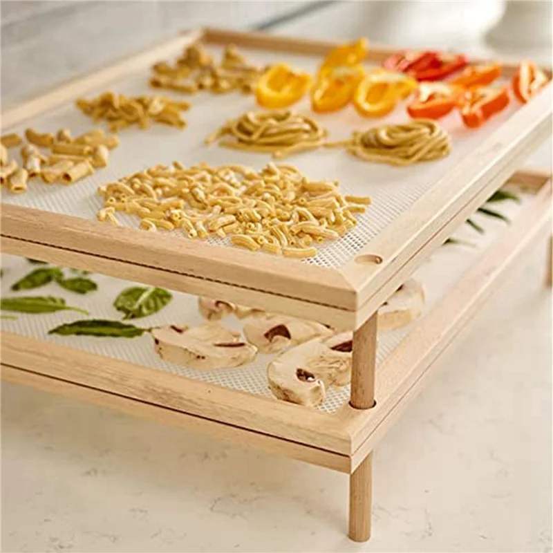 

8X Stackable Food Dryer With Net Wooden Pasta Herb Drying Racks Multipurpose 2-Tier Food-Dryer Holder