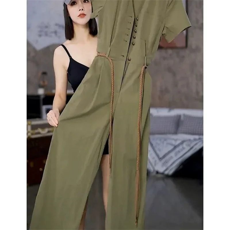 

Summer New Army Green Jumpsuits for Women Korean Fashion Loose Ankle Length Womens Clothing Short Sleeve Lace Up Jumpsuit