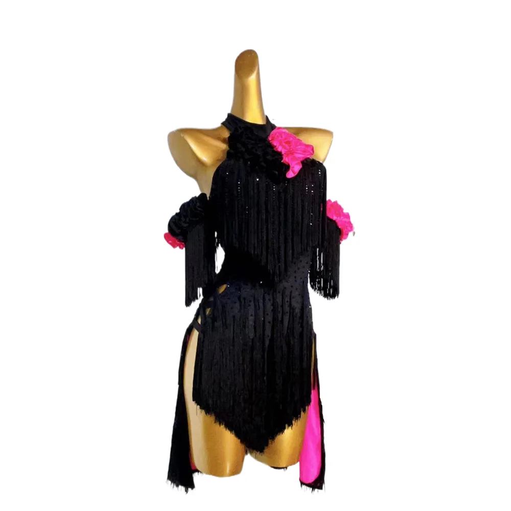 Latin Dance International Exclusive Competition Uniform Black With Diamond Tassels and Red Flower Samba Standard Dress