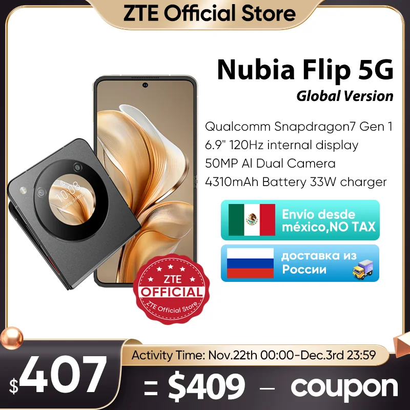 Nubia Flip 5G الإصدار العالمي هاتف ذكي قابل للطي بتصميم أندرويد 6.9 بوصة 120 هرتز OLED شاشة مطوية 50 ميجابكسل AI كاميرا مزدوجة 33 وات شحن