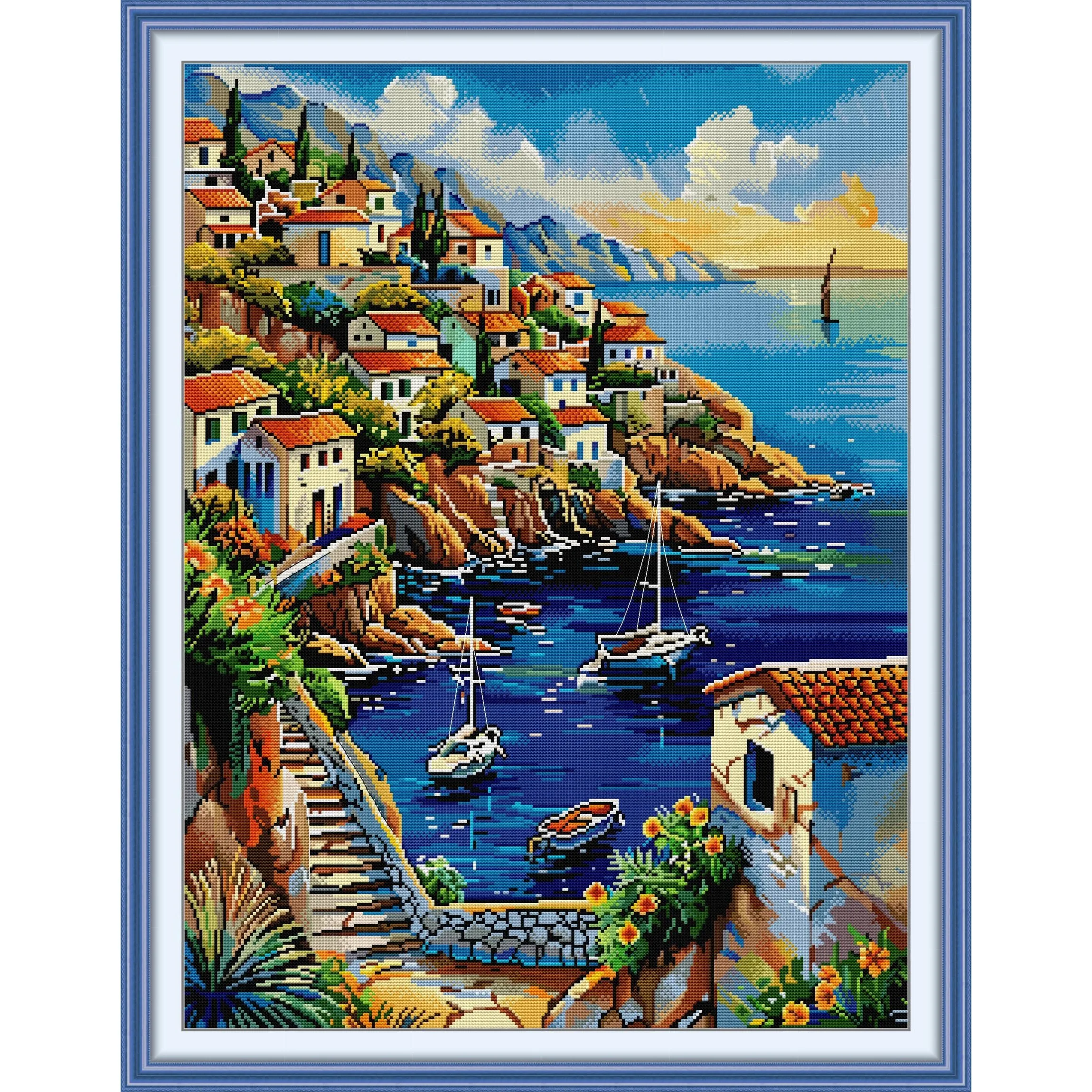 

Soulgift News Pre-Printed Cross Stitch Kit, Stamped Aida Fabric with DMC Threads, Embroidery Kit - Mediterranean Landscape