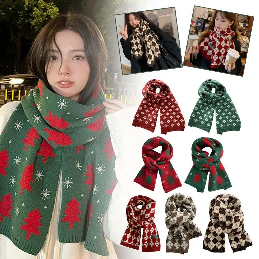 Christmas Series New Year Red Scarf Knitted Scarf Printed Pattern Winter Warm Thicken Soft Long Wrap Shawl Neck Protection