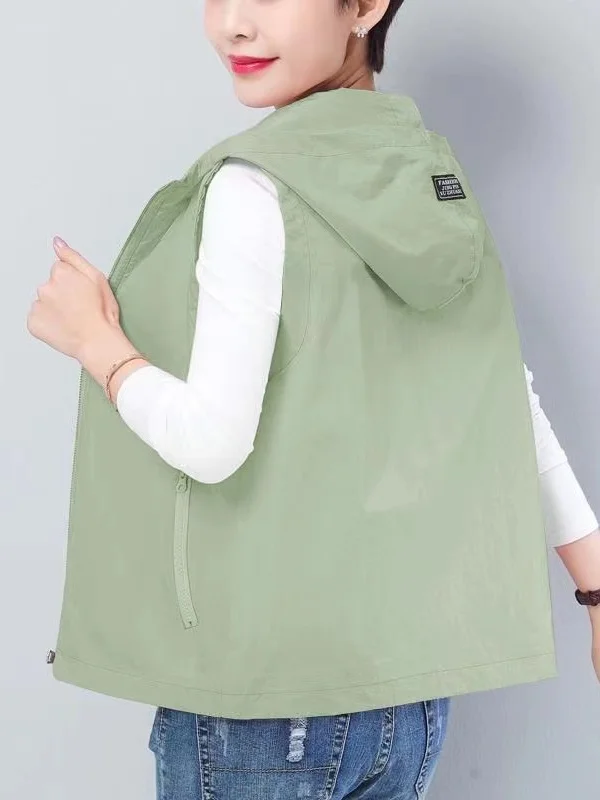 

Loose Fit Hooded Vest Women's Summer Thin Svel Outerwear Top Large Size Korean Sle Commute High Waist Polyester Fiber