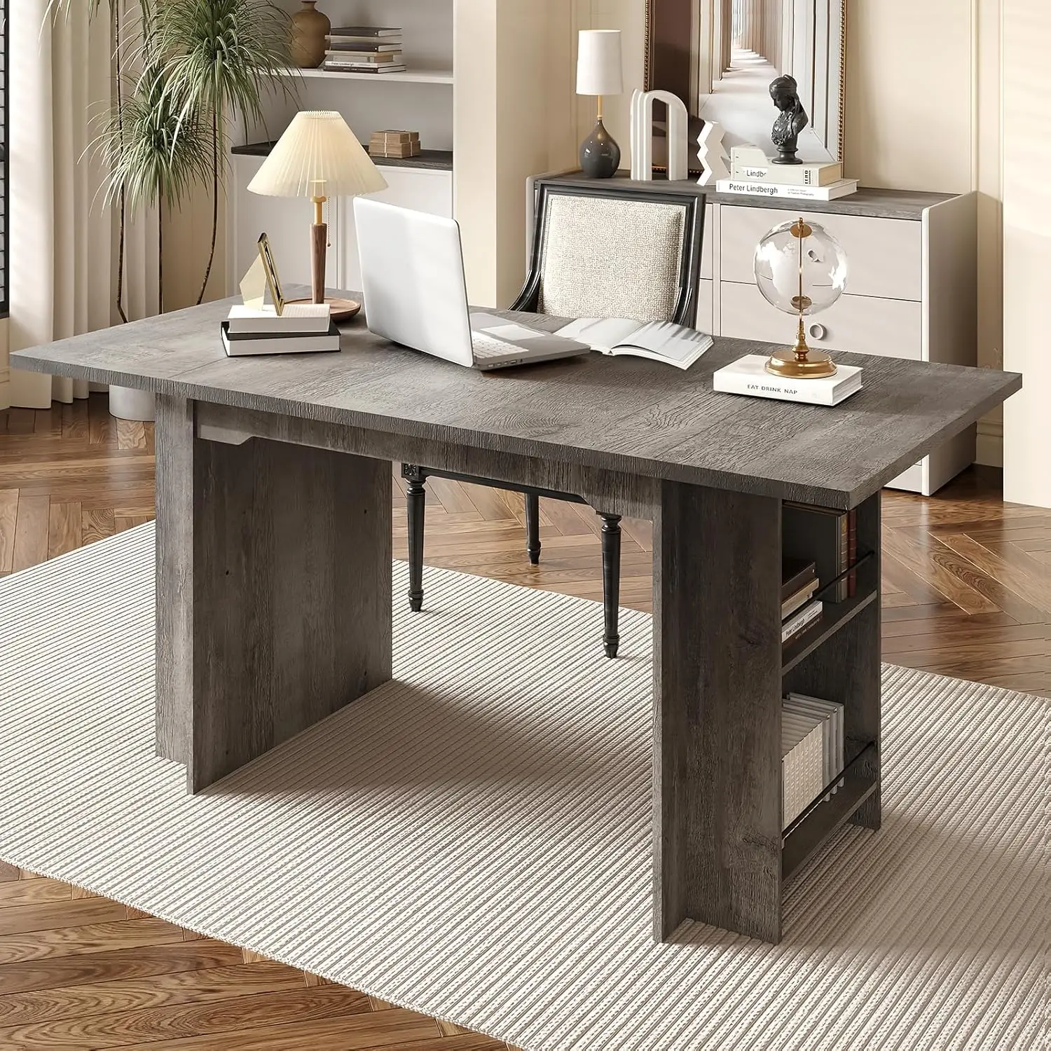 

IDEALHOUSE 63" Farmhouse Dining Table for 4-6 with 4 Side Storage Shelves - Solid Wood Rectangular Rustic Kitchen Table, Easy As
