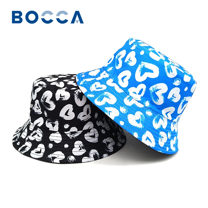 Bocca Love Heart Pattern Bucket Hat Printing Fisherman Hats For Men Women Adult 58cm Panama Cap Double Sides Outdoor New Style