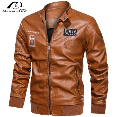 MAIDANGDI Men's Leather Jacket Embroidered High Neck Motorcycle Style Windproof Top with Large Pockets 4xl Artificial Leather