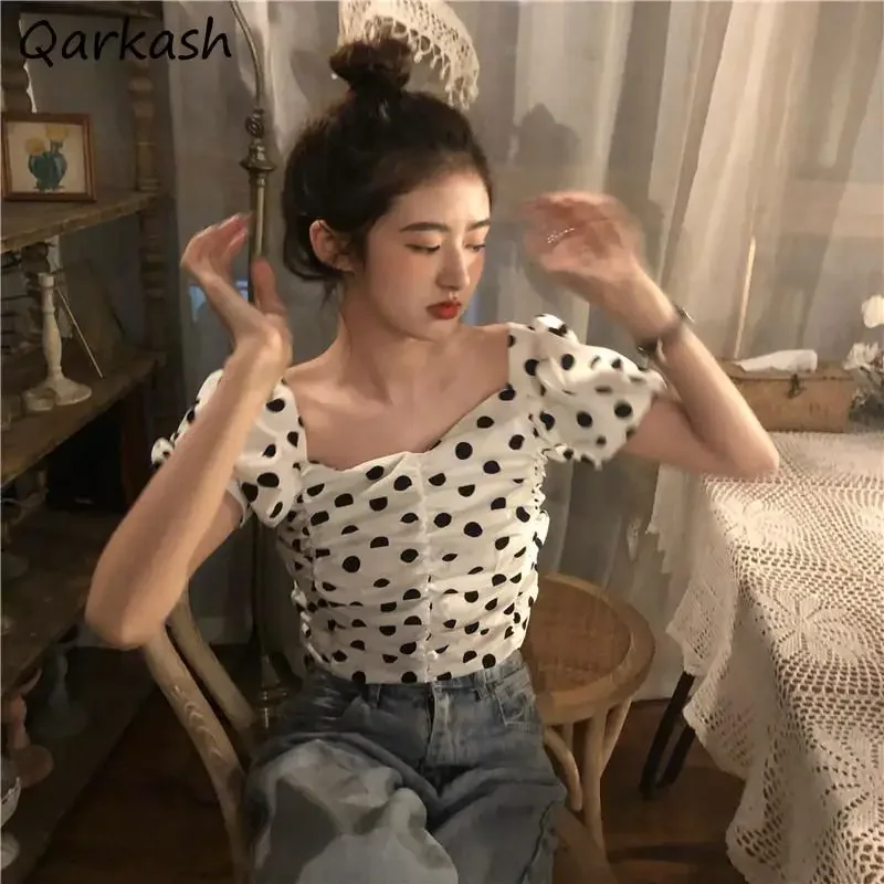 

Blouses Women Polka Dot Crop Top Puff Sleeve Simple Sweet Korean Style Lovely Summer Students All-match Slim Chic Soft Ladies
