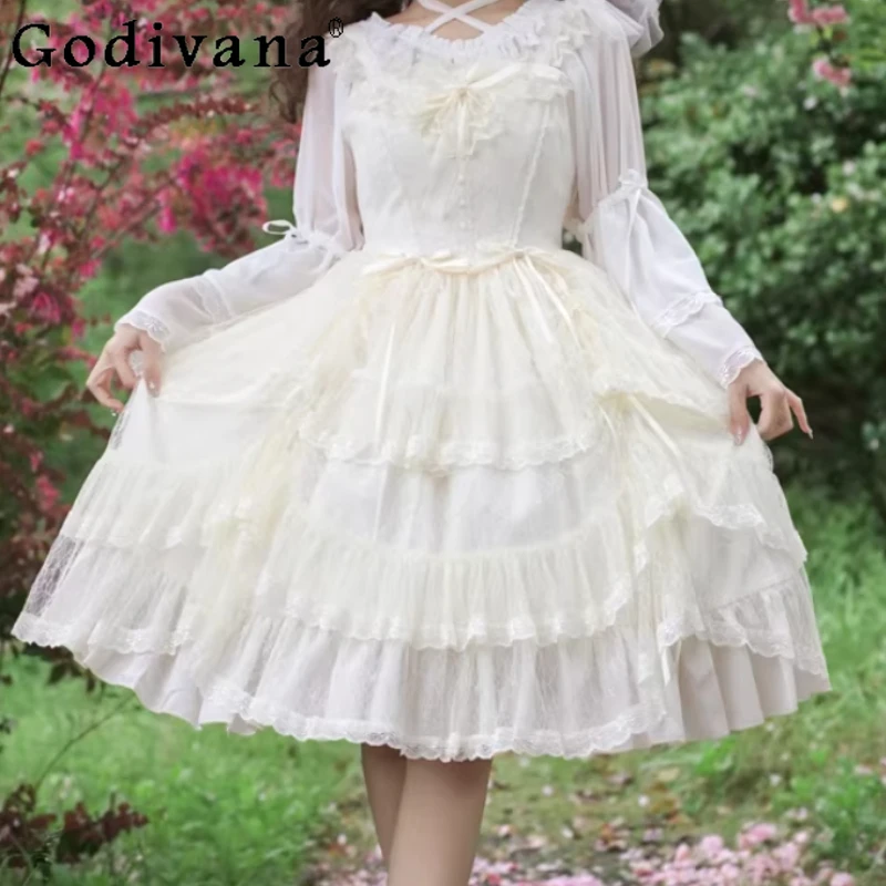 

New Spring Summer Lolita Elegant Girl Cake Fairy Dress Fashion High Waist A-line Slash Neck Apricot Suspender Princess Dresses