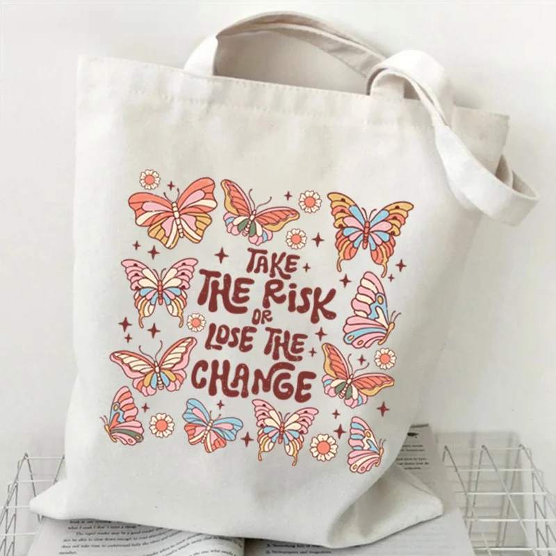 

Retro Butterfly Quote Canvas Tote Bag "Take The Risk" Print Shoulder Bag Reusable Eco Friendly Tote