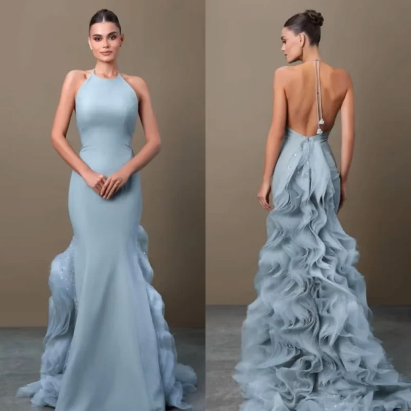 

Backless Evening Dresses Mermaid Halter with Ruffled Trailing Floor Length Dubai Saudi Arabic Formal Occasion Party Prom Gown