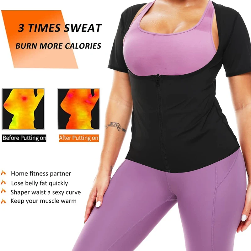 Moldeador de cuerpo de Sauna para mujer, camisa de entrenamiento de sudor caliente, Top de manga corta con cremallera, entrenador de cintura,