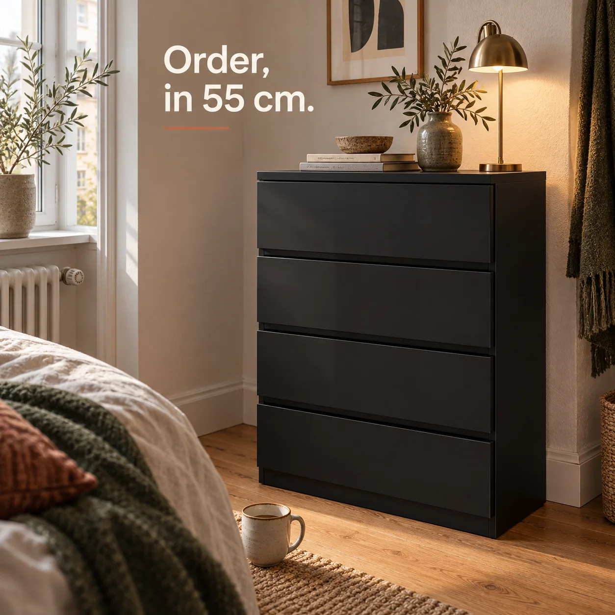 Comò in legno con 4 cassetti, design moderno, mobile contenitore multifunzionale per la camera da letto, dimensioni 55x33x80 cm, colore nero.