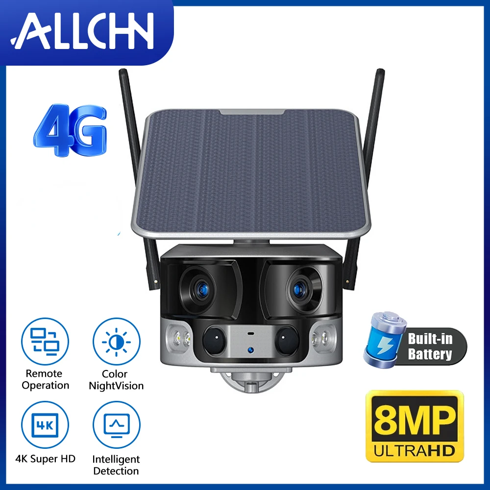 ALLCHN 4K 8MP 4G Dual Lens Solar Camera See-Through Outdoor 4x Zoom Human Detection Security Protection Surveillance Camera