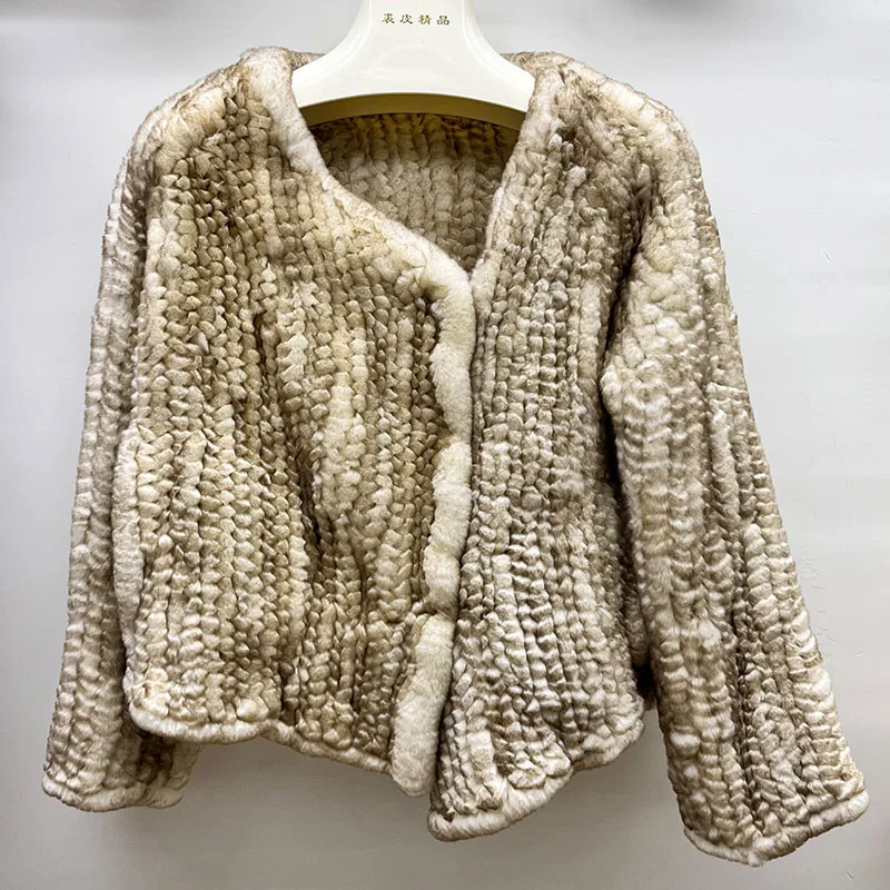 

2025 New Fashion Genuine Women's Real Natural Knitted Rex Rabbit Fur Coat Knitted Thick Warm Female Luxury Fur Outerwear Jackets