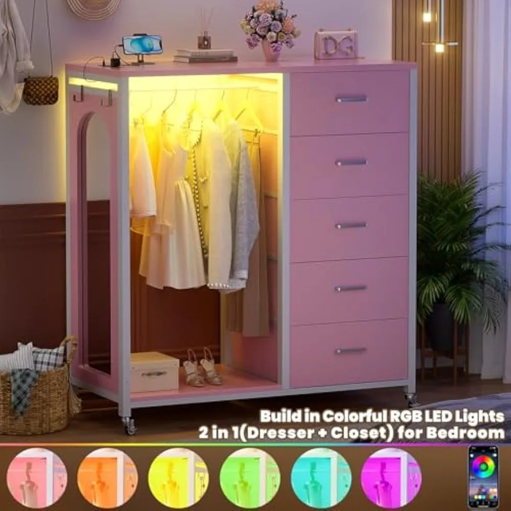 Cómoda de dormitorio con perchero, espejo, 5 cajones de tela, estación de carga, luces LED y función rodante