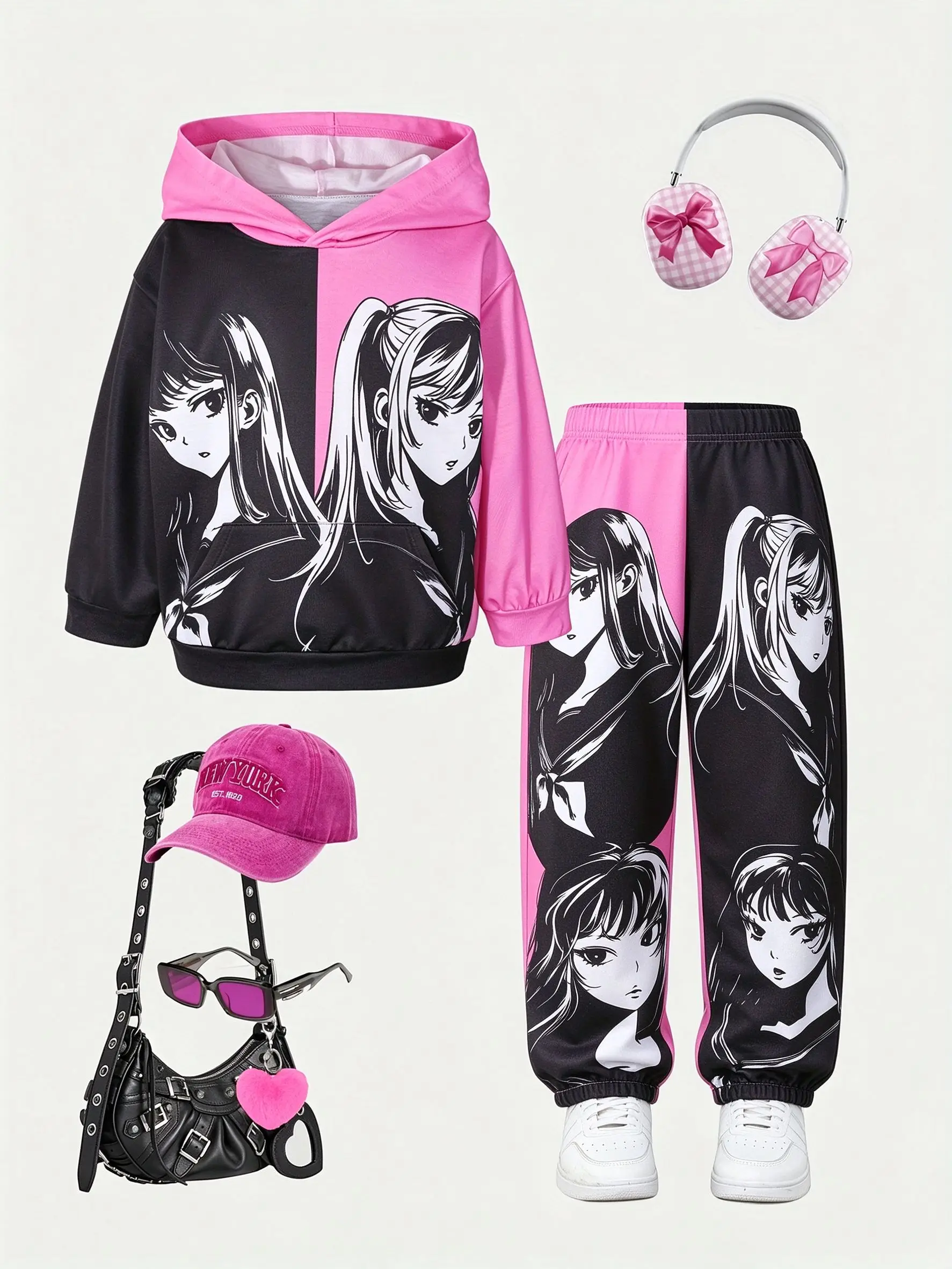 Y2K Anime Anime Printing Color Contrast Hoodie Set Loose Bodysuit Leggings 2PK Street Fashion Casual 2PK Set