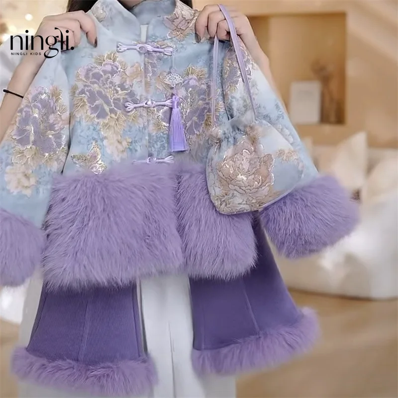 

【Free Bag】Girls' Small National Style New Year Clothes Suit New National Style New Chinese Style Girl Cotton Coat Children's Win