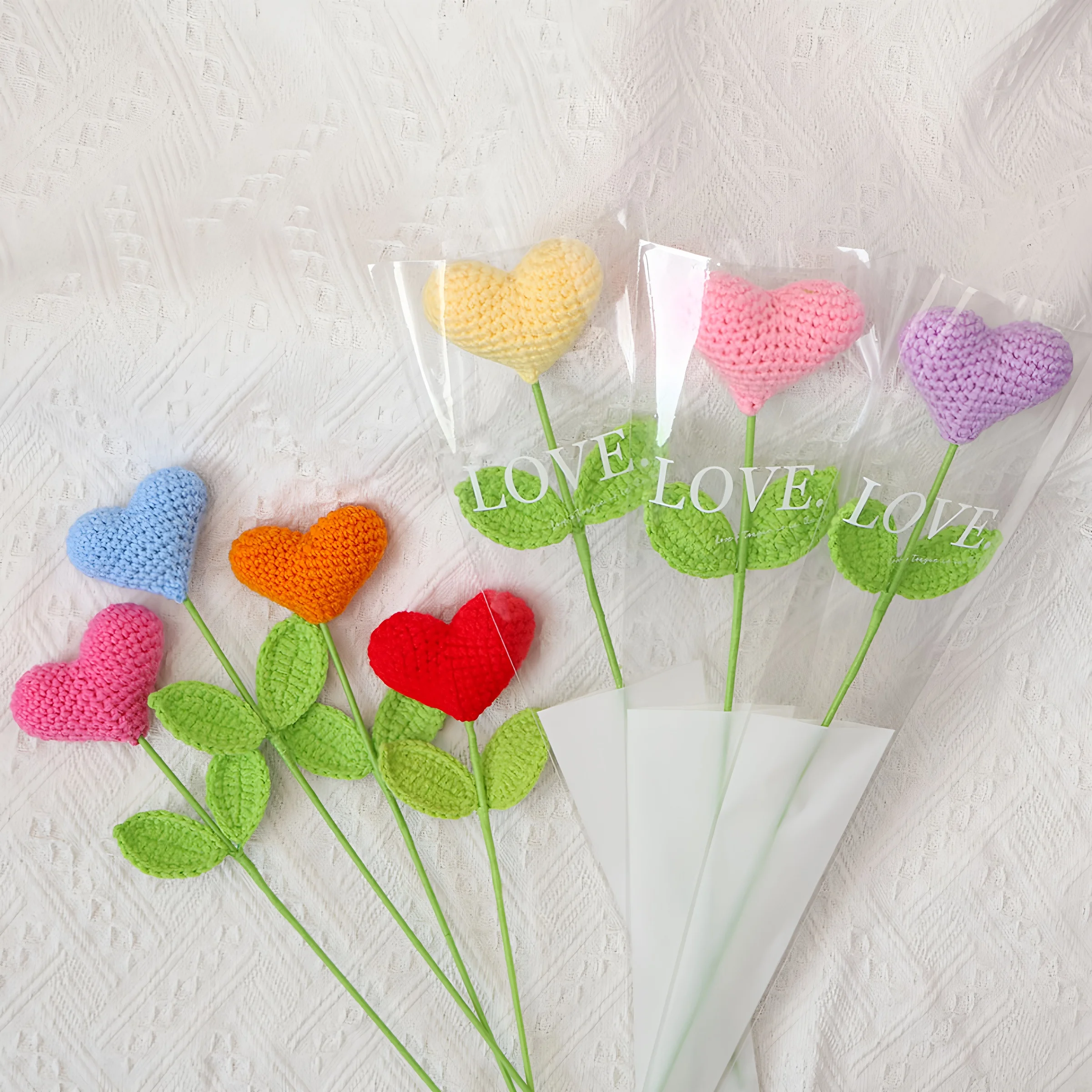 3/6 قطعة باقة كروشيه مصنوعة يدويًا على شكل قلب من البوليستر لا يتطلب سقي هدية مثالية لعيد الحب وعيد الأم
