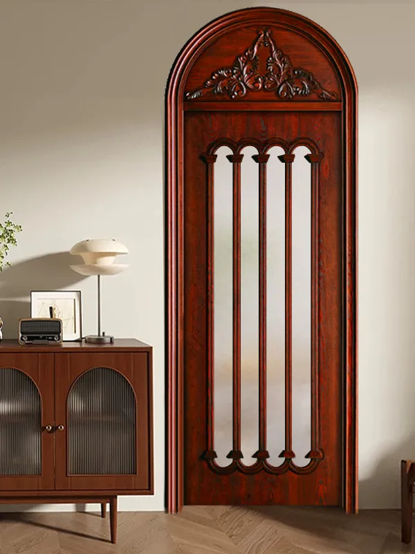 Customization Curved Arched Mediterranean Solid Wood Glass Interior Bedroom Door Finished Surface Waterproof