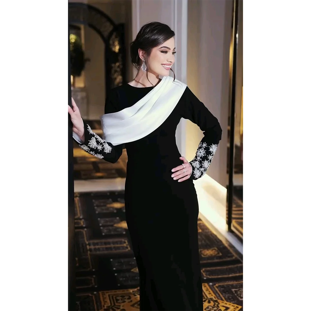 

Customized Long Sleeves Beads Evening Dresses Black O Neck Floor-Length Special Events Wedding Gala Evening Party Dress 2025