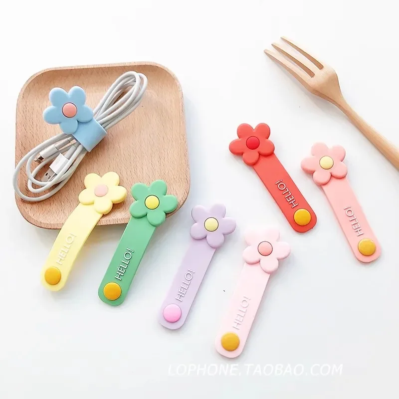 Kawaii Flowers Cable Organizer Cute USB Charging Data Line Buckle Cable Protector Wire Cord Earphone Cable Winder Desk Organizer