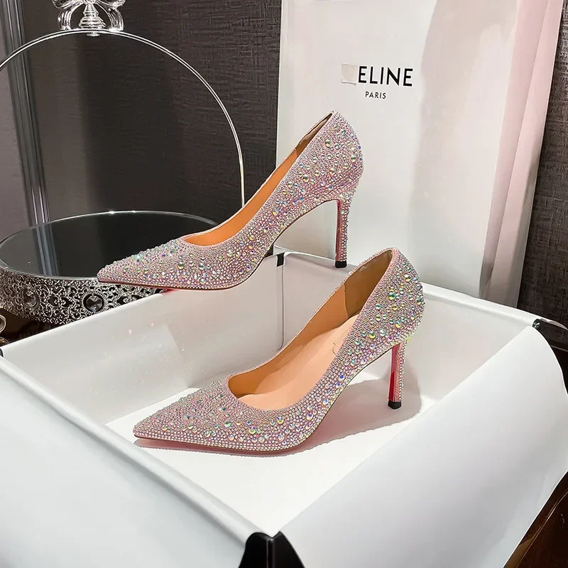 Fine heeled crystal wedding shoes bridesmaid dresses versatile black rhinestone single shoes temperament high heels for women