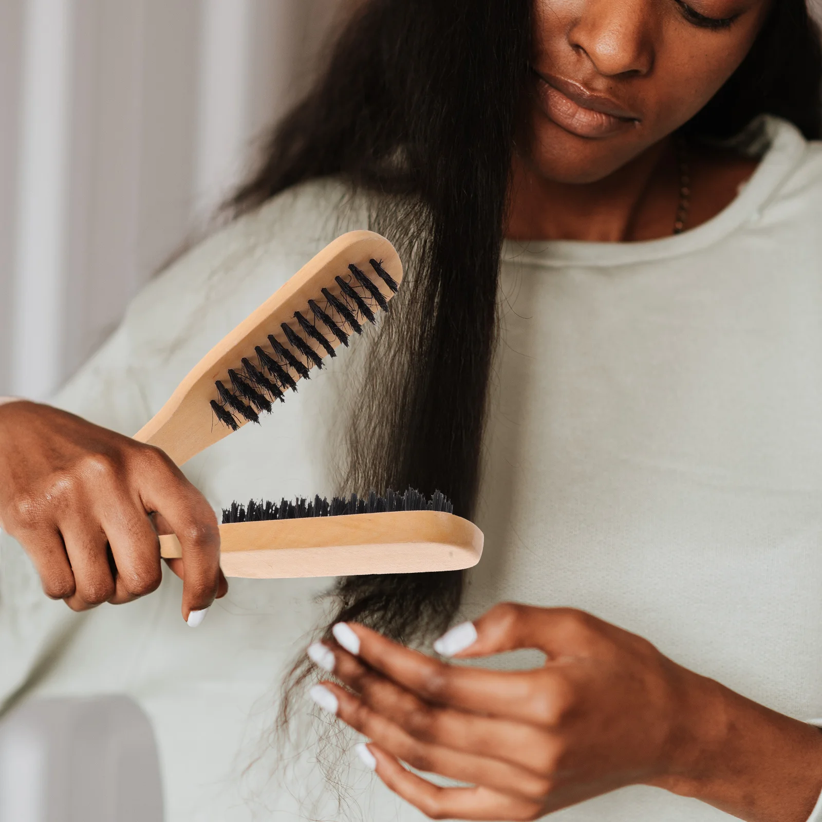 

Boar Bristle Flat Hair Comb Natural Wood Handle Anti-Static Detangling Brush For Smooth Straightening Styling Handy Hair