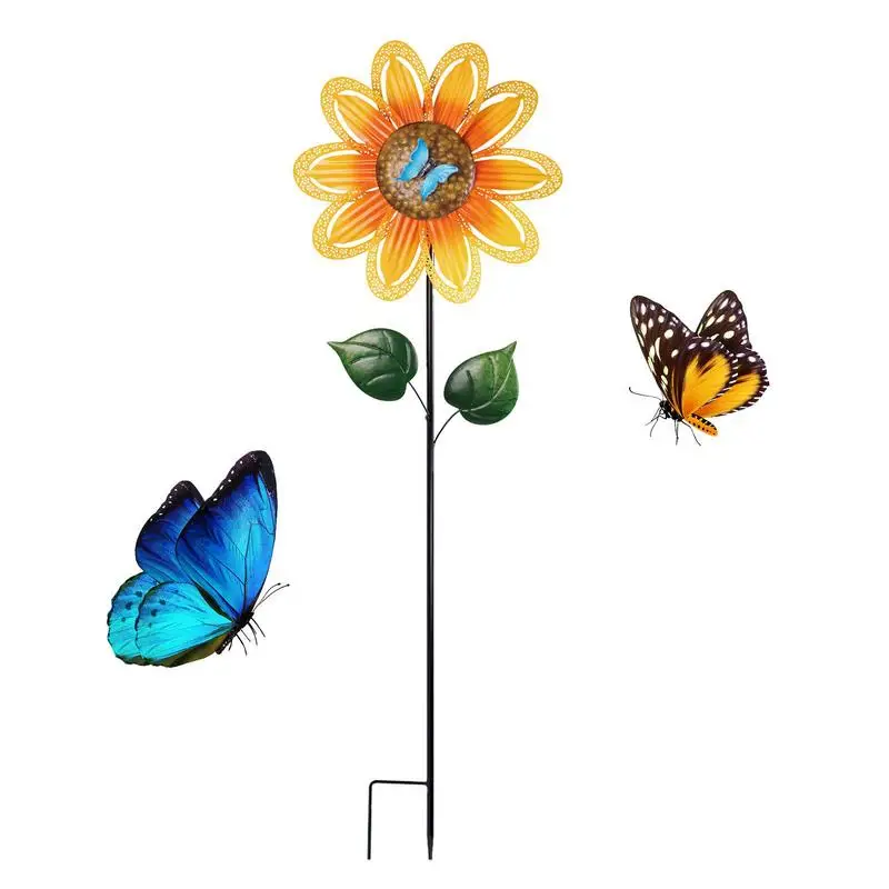 

Sunflower Garden Stakes Metal Lawn Yard Windmill Decorative Pinwheels Sunflower Butterflies Design Wind Sculptures Yard Decor