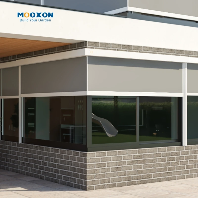90 Degree Corner Zipped Blind Electric Zip Screen For Pergola Side Blinds Wind Resistant Anti Mosquito